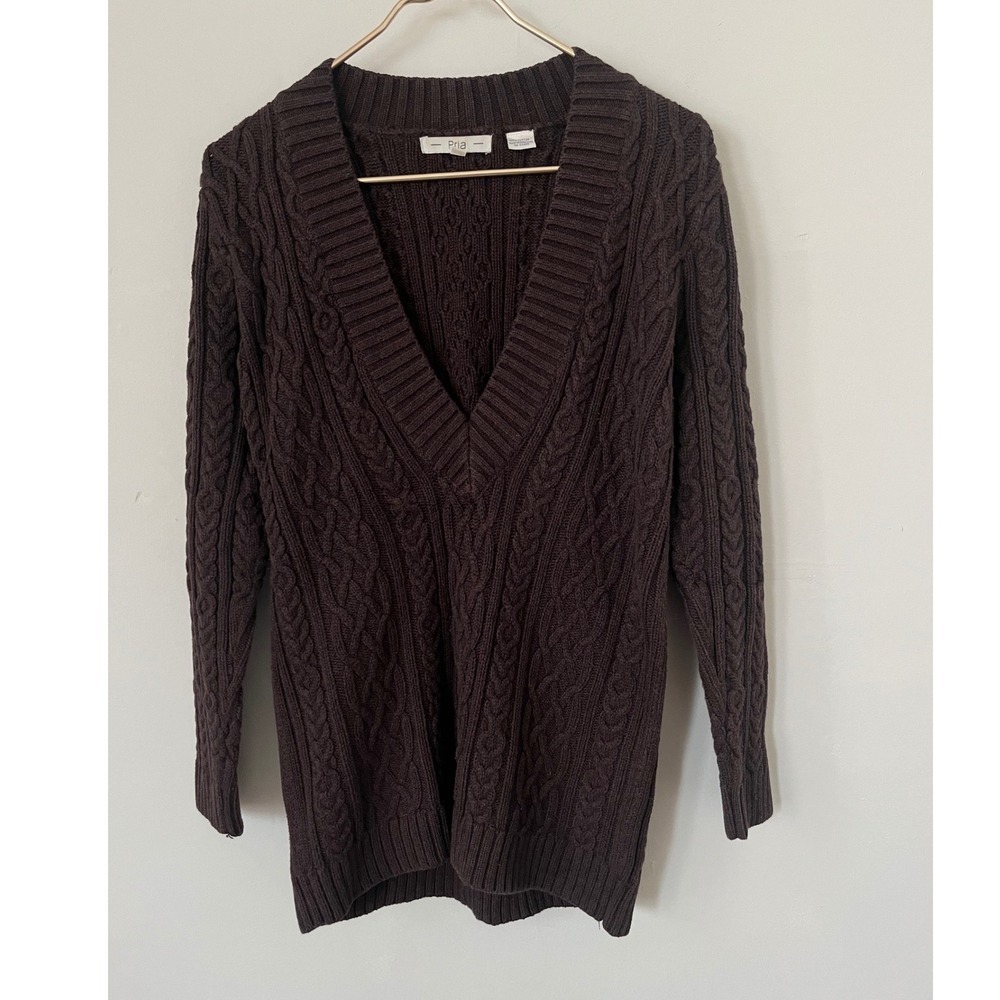 Pria Brown Cable Knit V-Neck Sweater Womens Small 100% Cotton Preppy Academy